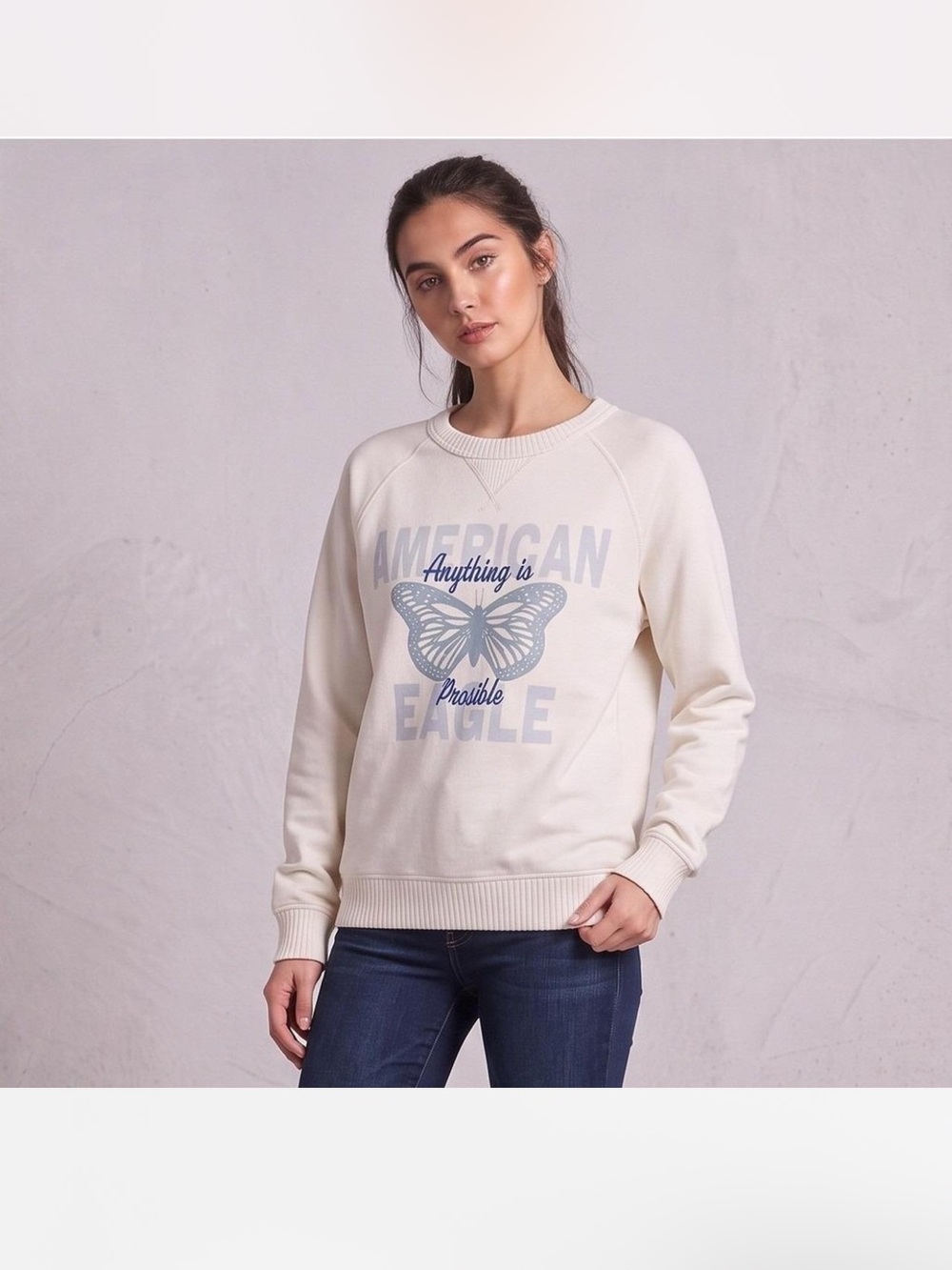American Eagle Outfitters Cream Pullover with Pale Blue Butterfly Graphic